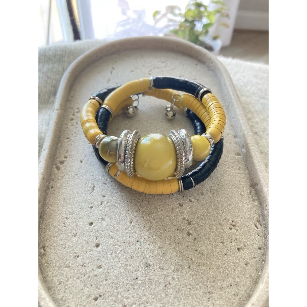 Chunky Boho Memory Wire Bracelet Yellow Black Beaded Silver‎ Tone Wrap Bold